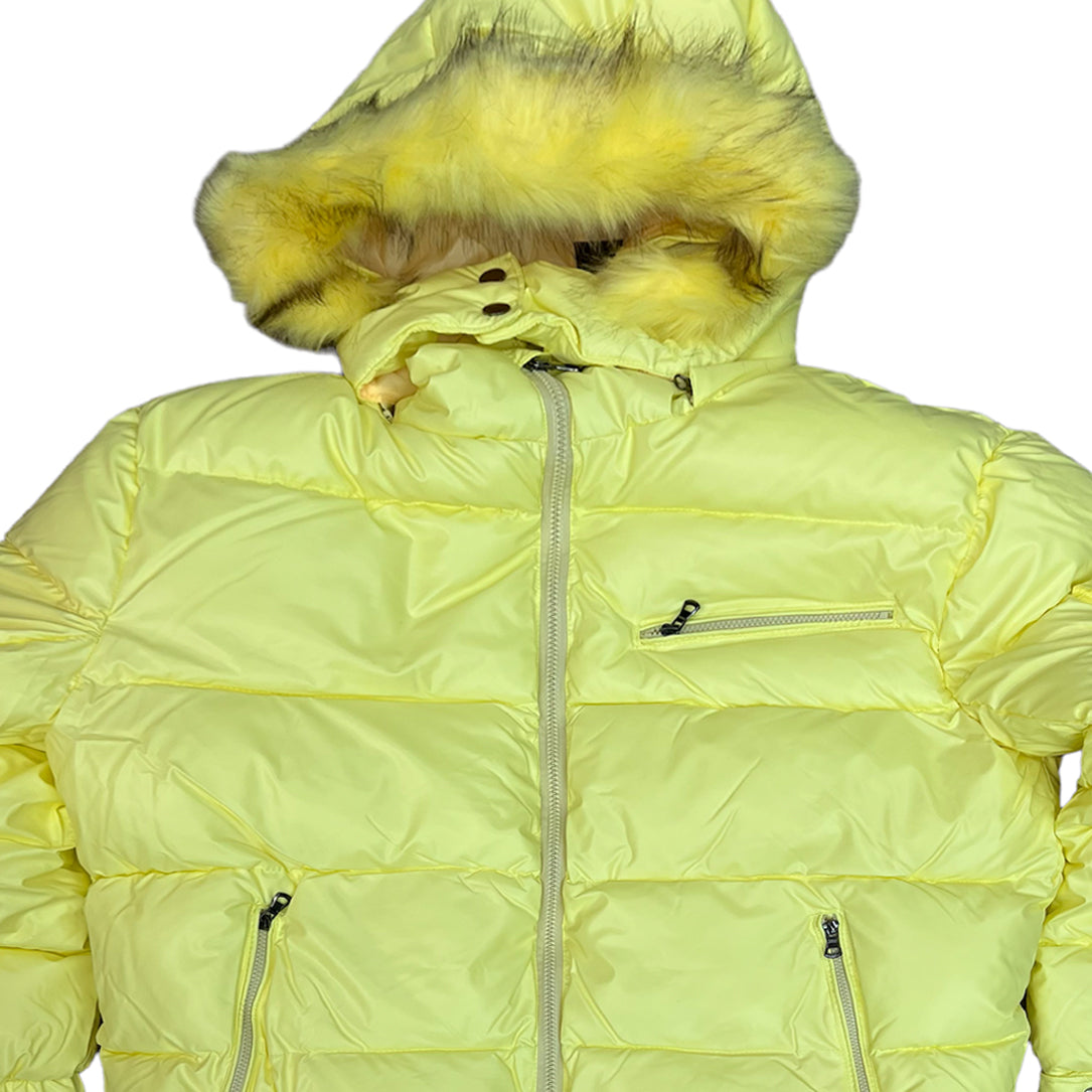 Yellow puffer coat hot sale with fur hood